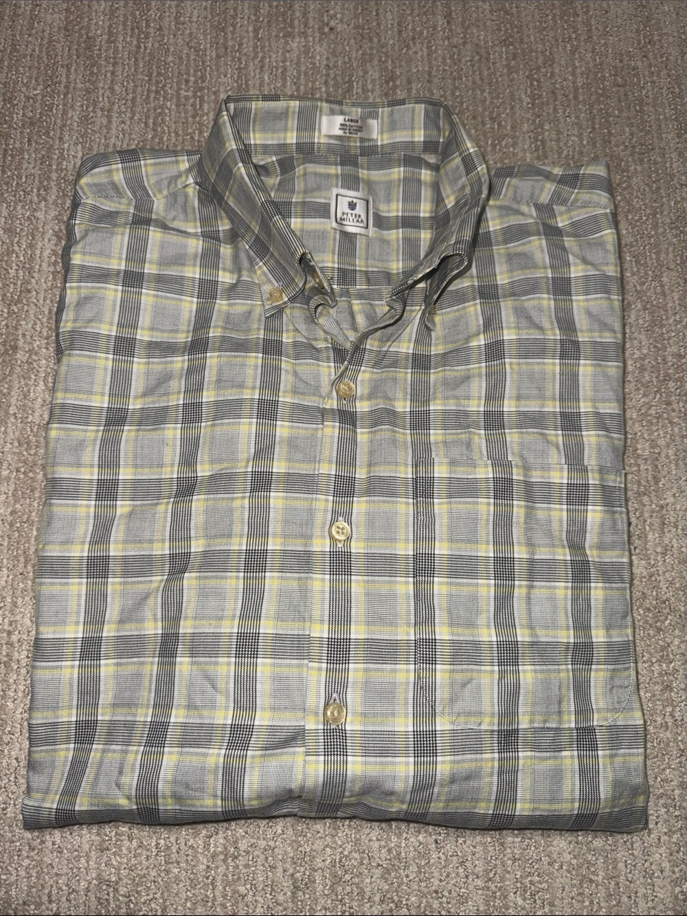 Peter Millar Men’s Button Down Shirt Size L White Yellow Long Sleeve Cotton Top